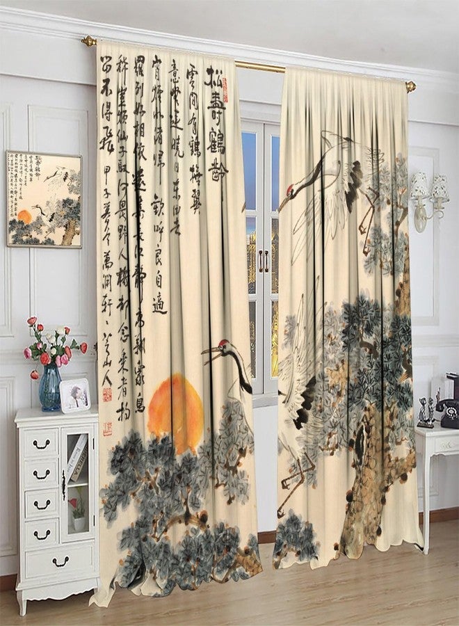 AAVEUP Asian Curtains, Vintage Japanese Ink and Landscape Crane Traditional Cherry Blossom Flower Sun Window Treatments Drapes for Girls Living Room Bedroom Kitchen 42x45in（No Blackout） - Image 4